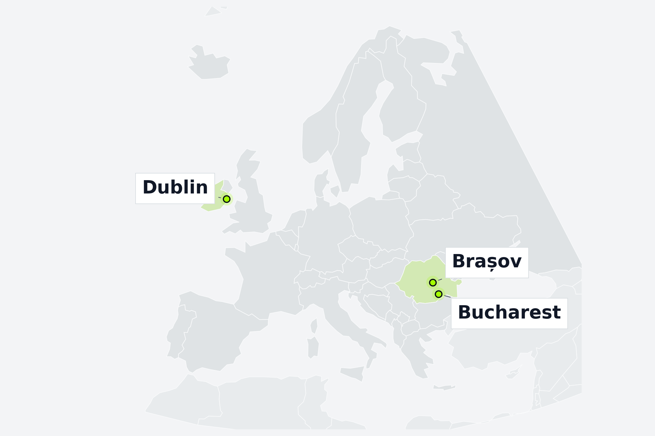 Map of Europe showing Pixel Bowl locations in Dublin, Ireland, and Brașov and Bucharest, Romania.