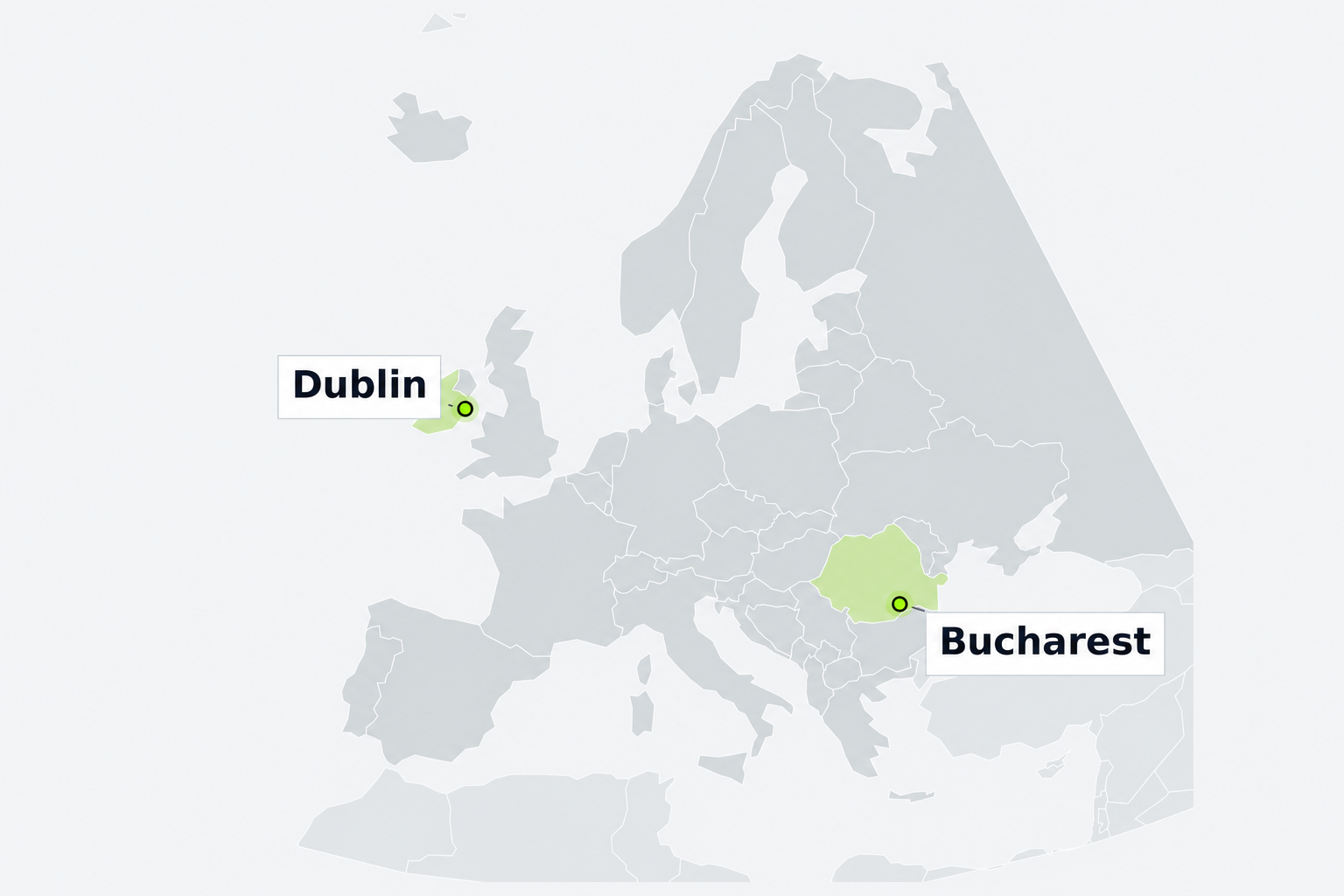 Map of Europe showing Pixel Bowl locations in Dublin, Ireland, and Bucharest, Romania.